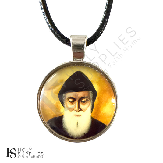 St. Charbel’s Pendant Necklace - Gold background, Silver image