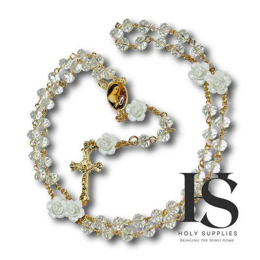 Saint Rita Crystal & Roses Gold Rosary image 0