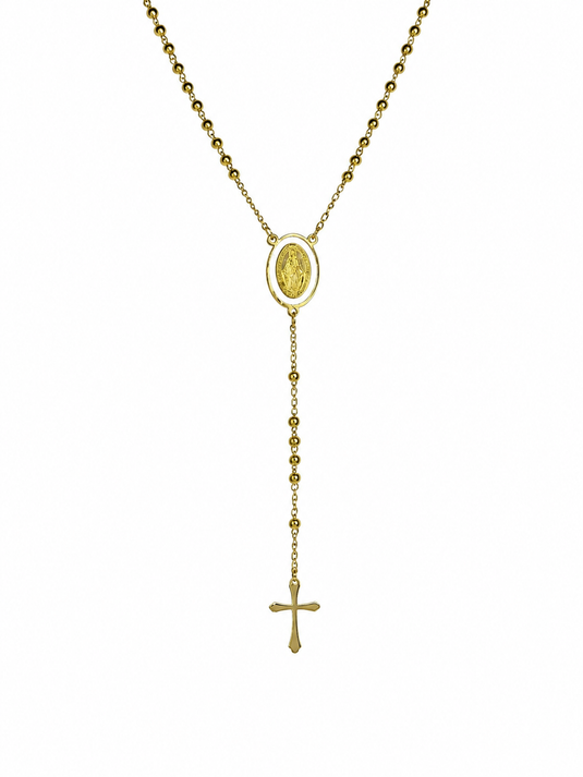 Gold Miraculous Medal Rosary Necklace with White Enamel