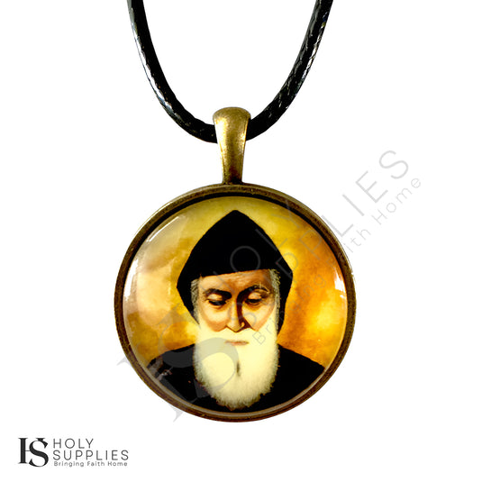 St. Charbel’s Pendant Necklace - Gold background, Bronze image