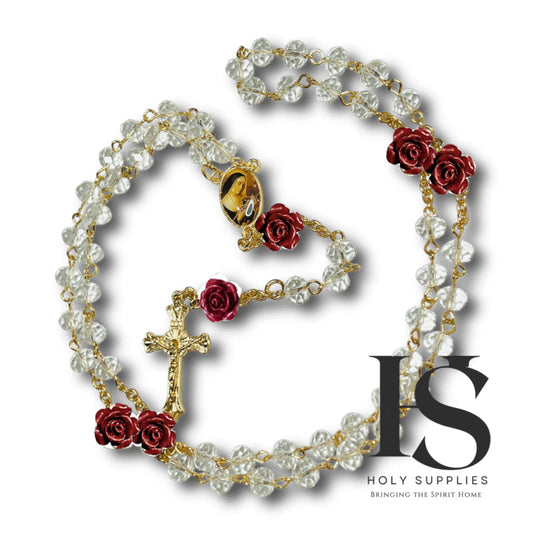 Saint Rita Crystal &amp; Red Roses Gold Rosary image 0